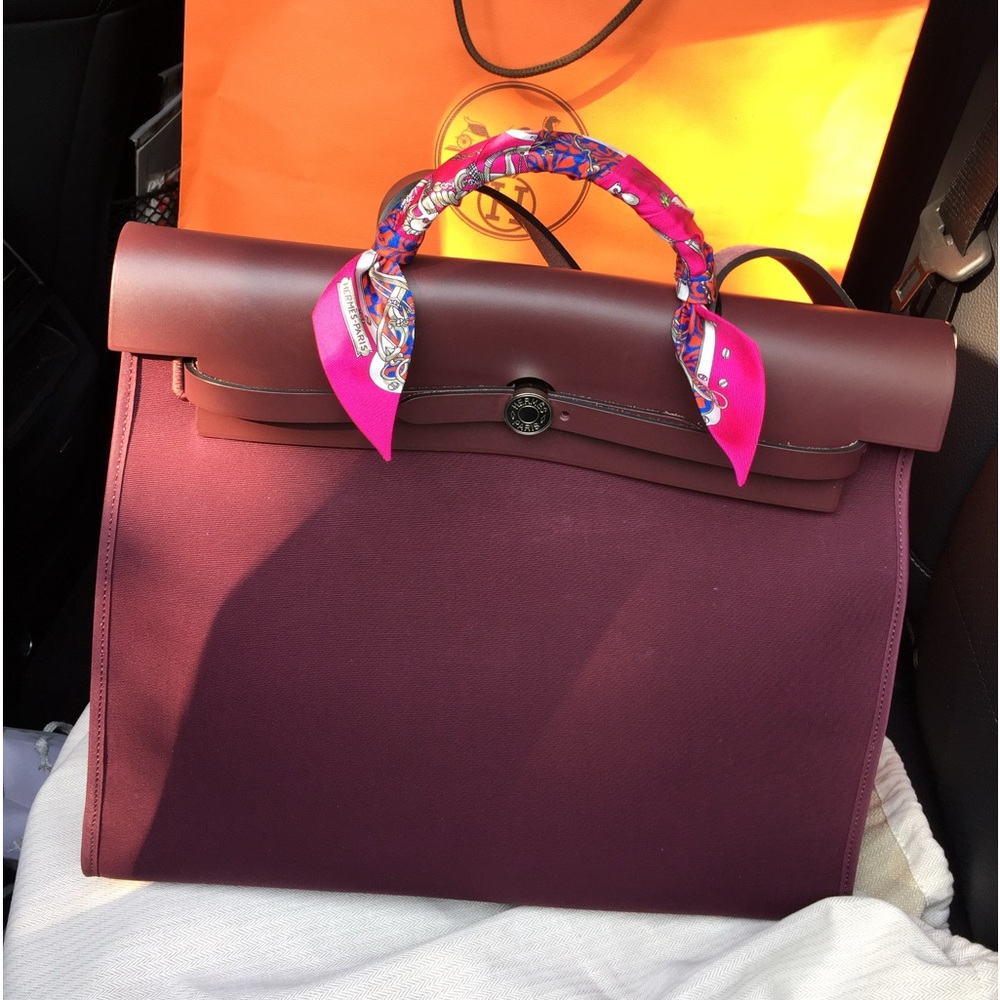 Hermes Authenticated Herbag size 60 Burgundy with a Twilly